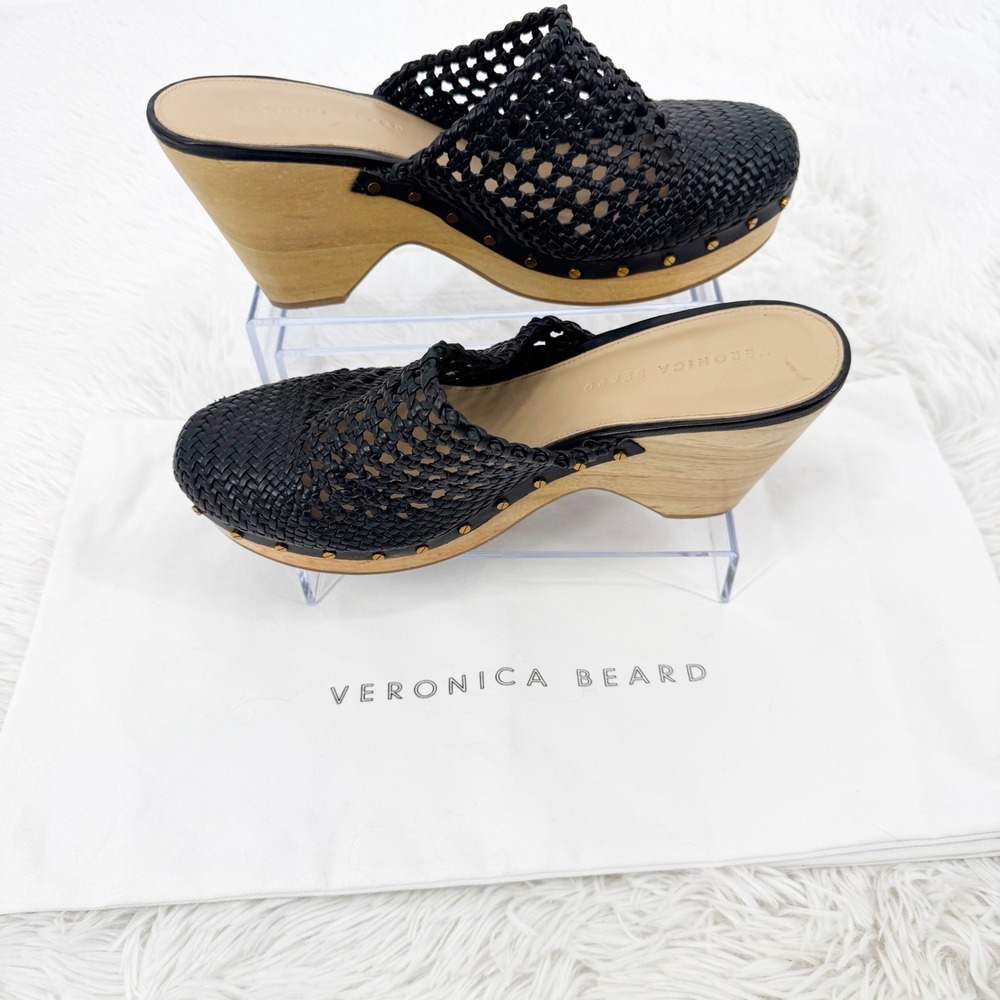 Veronica Beard Dardid Black Woven Leather Studded Wooden Wedge Clog Mules 10.5